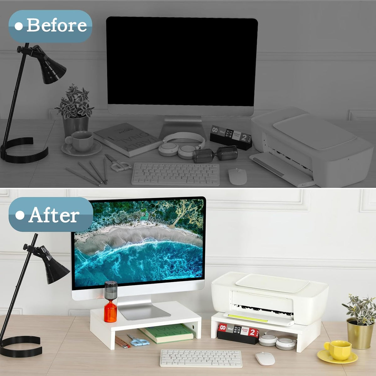 2-Pack Wood Monitor Riser, Desk Stand for 2 Monitors, Rustic Brown