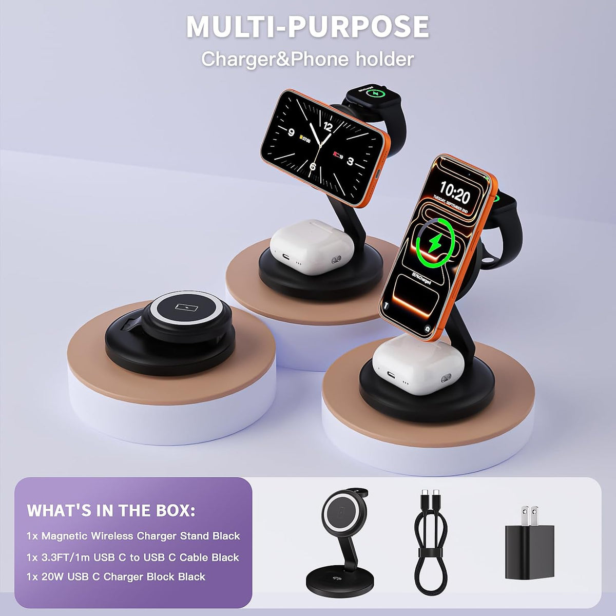 Charging Station for Apple Magnetic Wireless iPhone Mag-Safe Charger,15W 3in1 Foldable Wireless Dock Fast MagSafe Charger Stand for iPhone 17 Pro Max/16 Plus/16 ProMax/15/14/13,Apple Watch,AirPods Pro
