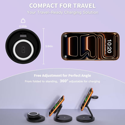 Charging Station for Apple Magnetic Wireless iPhone Mag-Safe Charger,15W 3in1 Foldable Wireless Dock Fast MagSafe Charger Stand for iPhone 17 Pro Max/16 Plus/16 ProMax/15/14/13,Apple Watch,AirPods Pro