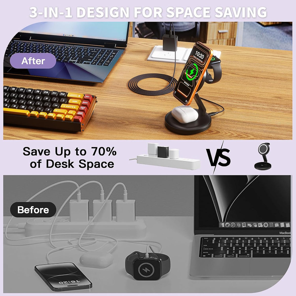 Charging Station for Apple Magnetic Wireless iPhone Mag-Safe Charger,15W 3in1 Foldable Wireless Dock Fast MagSafe Charger Stand for iPhone 17 Pro Max/16 Plus/16 ProMax/15/14/13,Apple Watch,AirPods Pro