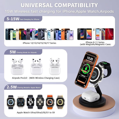 Charging Station for Apple Magnetic Wireless iPhone Mag-Safe Charger,15W 3in1 Foldable Wireless Dock Fast MagSafe Charger Stand for iPhone 17 Pro Max/16 Plus/16 ProMax/15/14/13,Apple Watch,AirPods Pro
