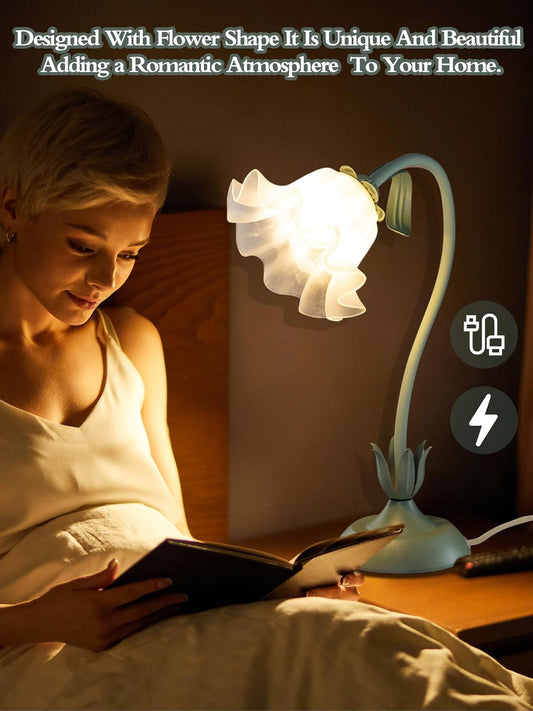 Flower Table Lamp, LED Reading Light Bedside Vintage Night Light (Green)