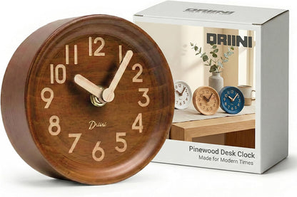 Small, Silent Wooden Analog Desk Clock for Shelf or Table, Dark