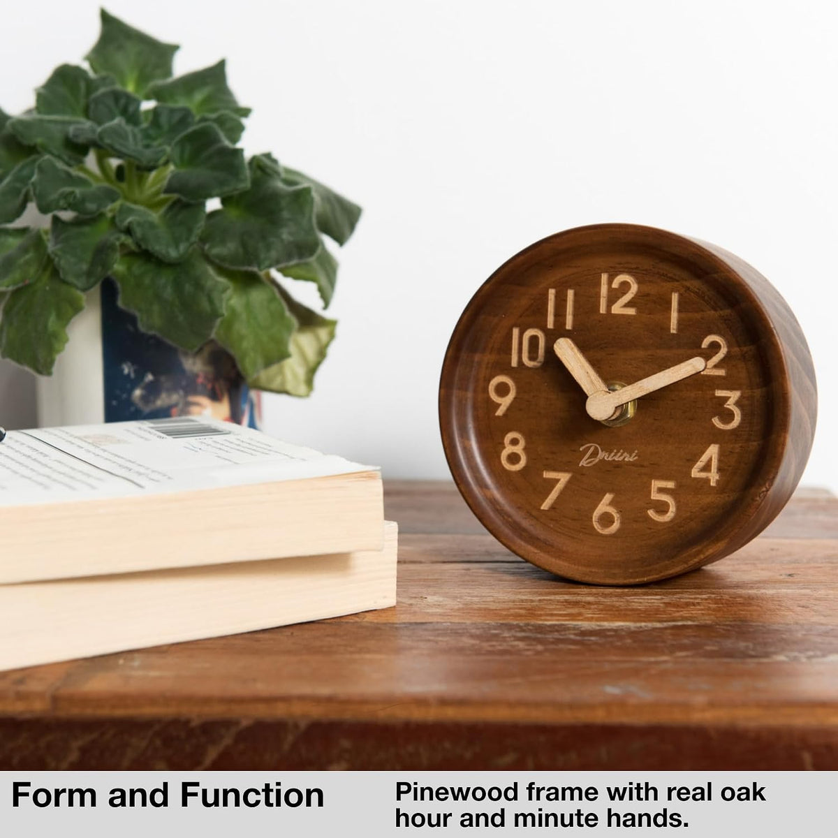 Small, Silent Wooden Analog Desk Clock for Shelf or Table, Dark