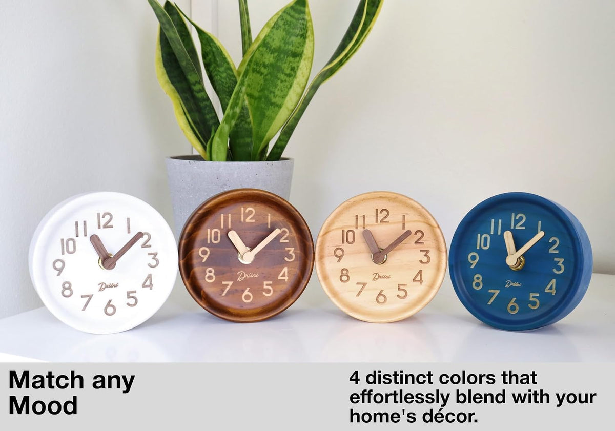 Small, Silent Wooden Analog Desk Clock for Shelf or Table, Dark