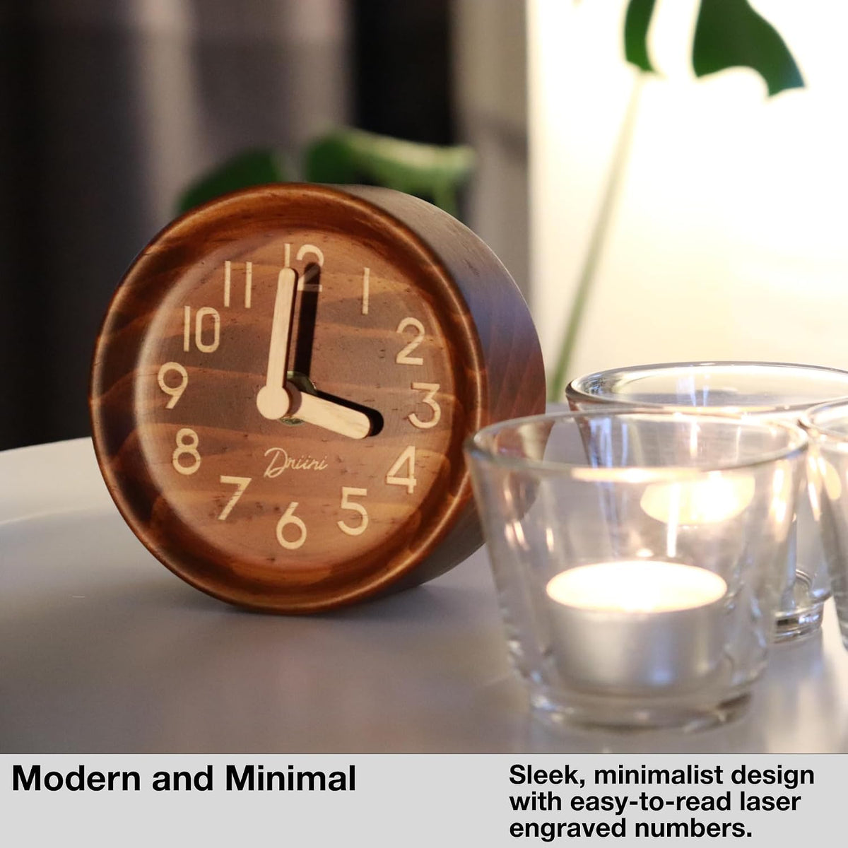 Small, Silent Wooden Analog Desk Clock for Shelf or Table, Dark