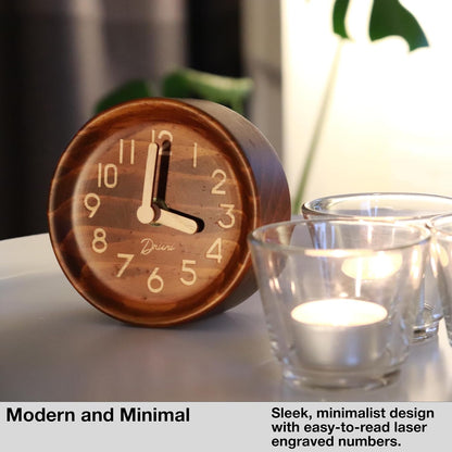 Small, Silent Wooden Analog Desk Clock for Shelf or Table, Dark