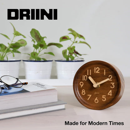 Small, Silent Wooden Analog Desk Clock for Shelf or Table, Dark
