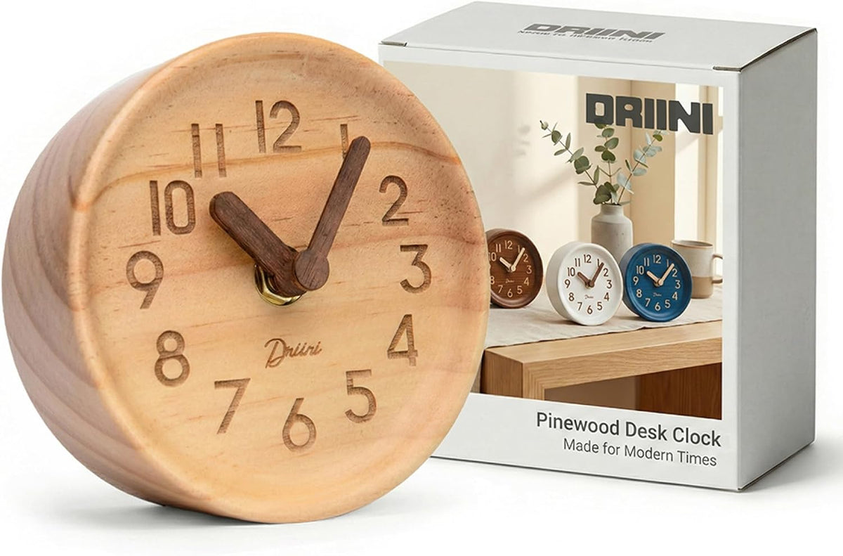 Small, Silent Wooden Analog Desk Clock for Shelf or Table, Dark