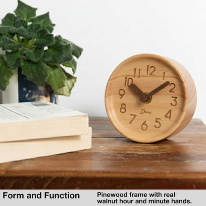 Small, Silent Wooden Analog Desk Clock for Shelf or Table, Dark