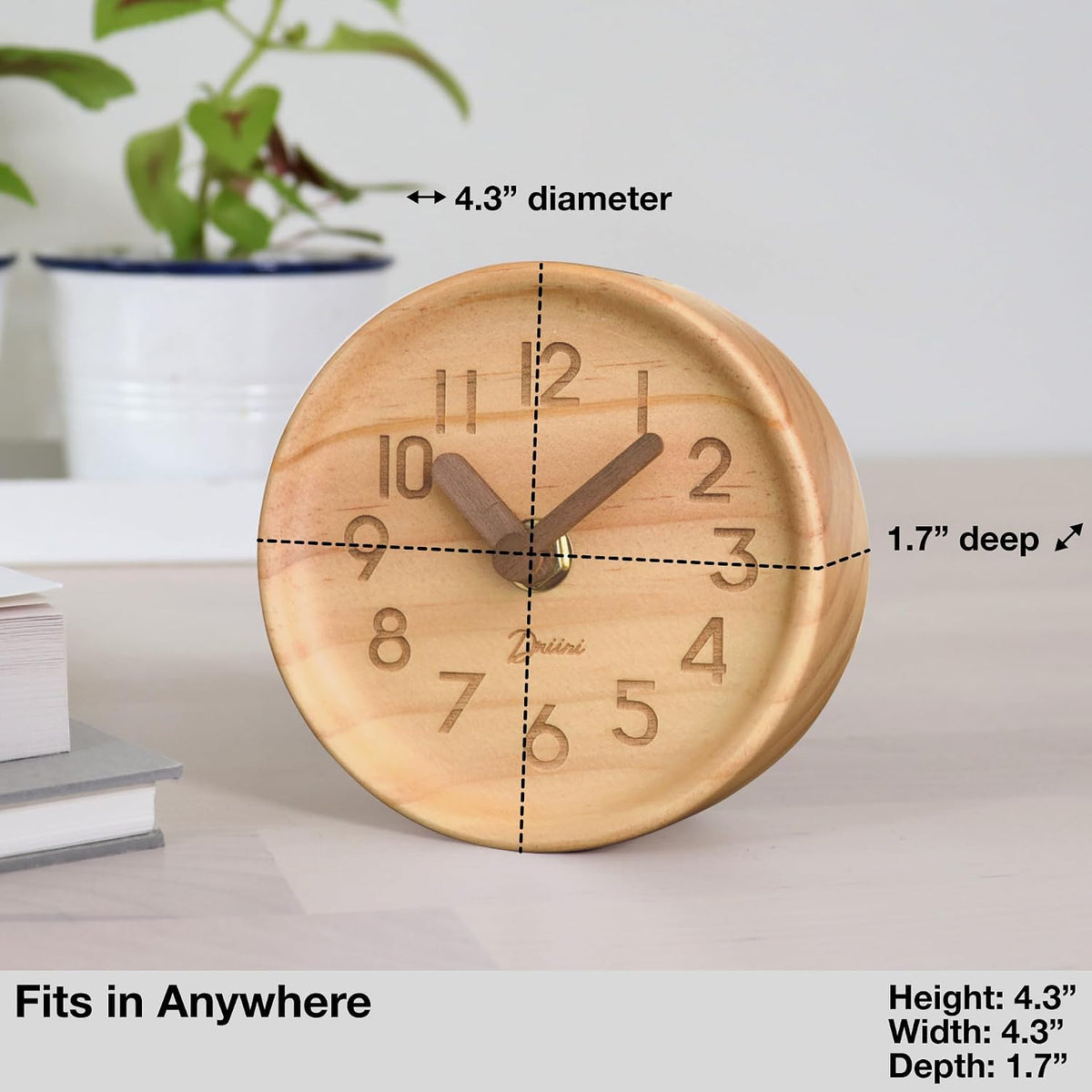 Small, Silent Wooden Analog Desk Clock for Shelf or Table, Dark
