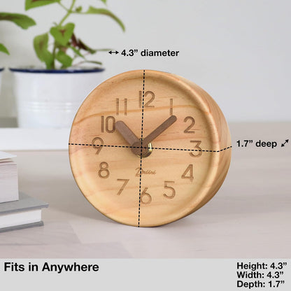 Small, Silent Wooden Analog Desk Clock for Shelf or Table, Dark