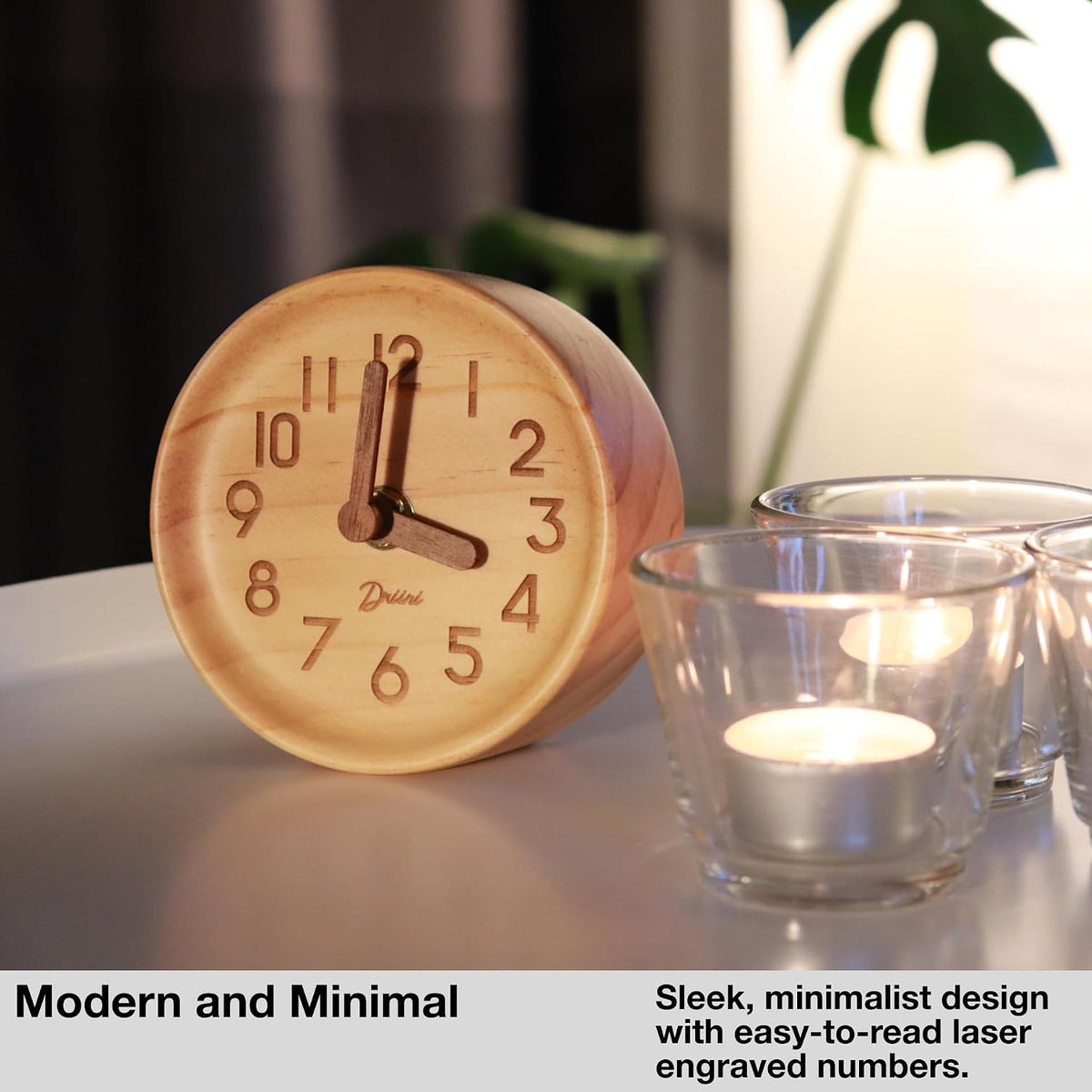 Small, Silent Wooden Analog Desk Clock for Shelf or Table, Dark