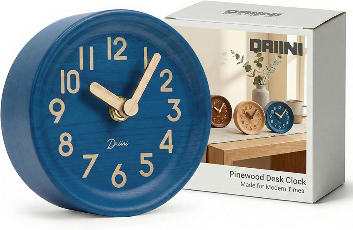 Small, Silent Wooden Analog Desk Clock for Shelf or Table, Dark