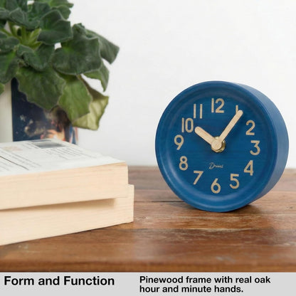 Small, Silent Wooden Analog Desk Clock for Shelf or Table, Dark