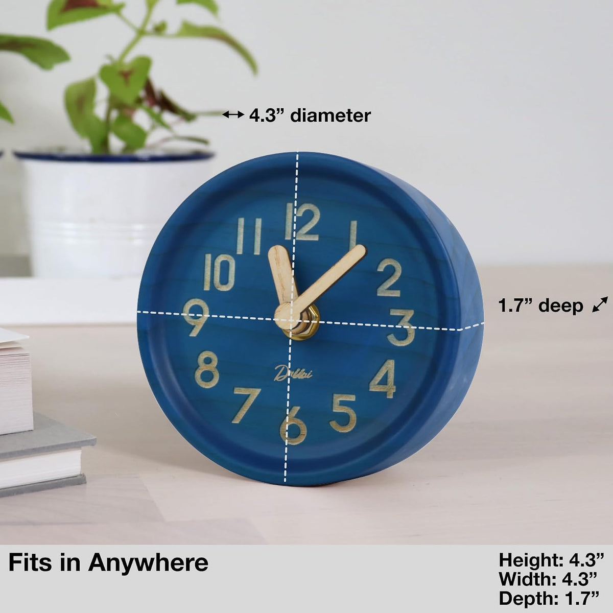 Small, Silent Wooden Analog Desk Clock for Shelf or Table, Dark
