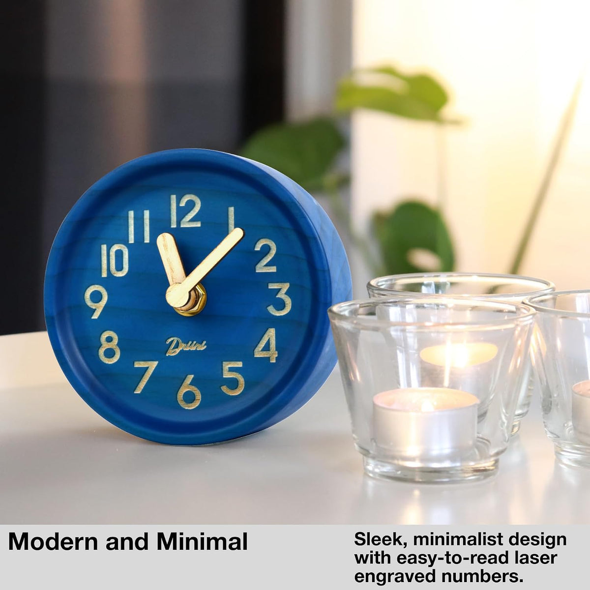 Small, Silent Wooden Analog Desk Clock for Shelf or Table, Dark