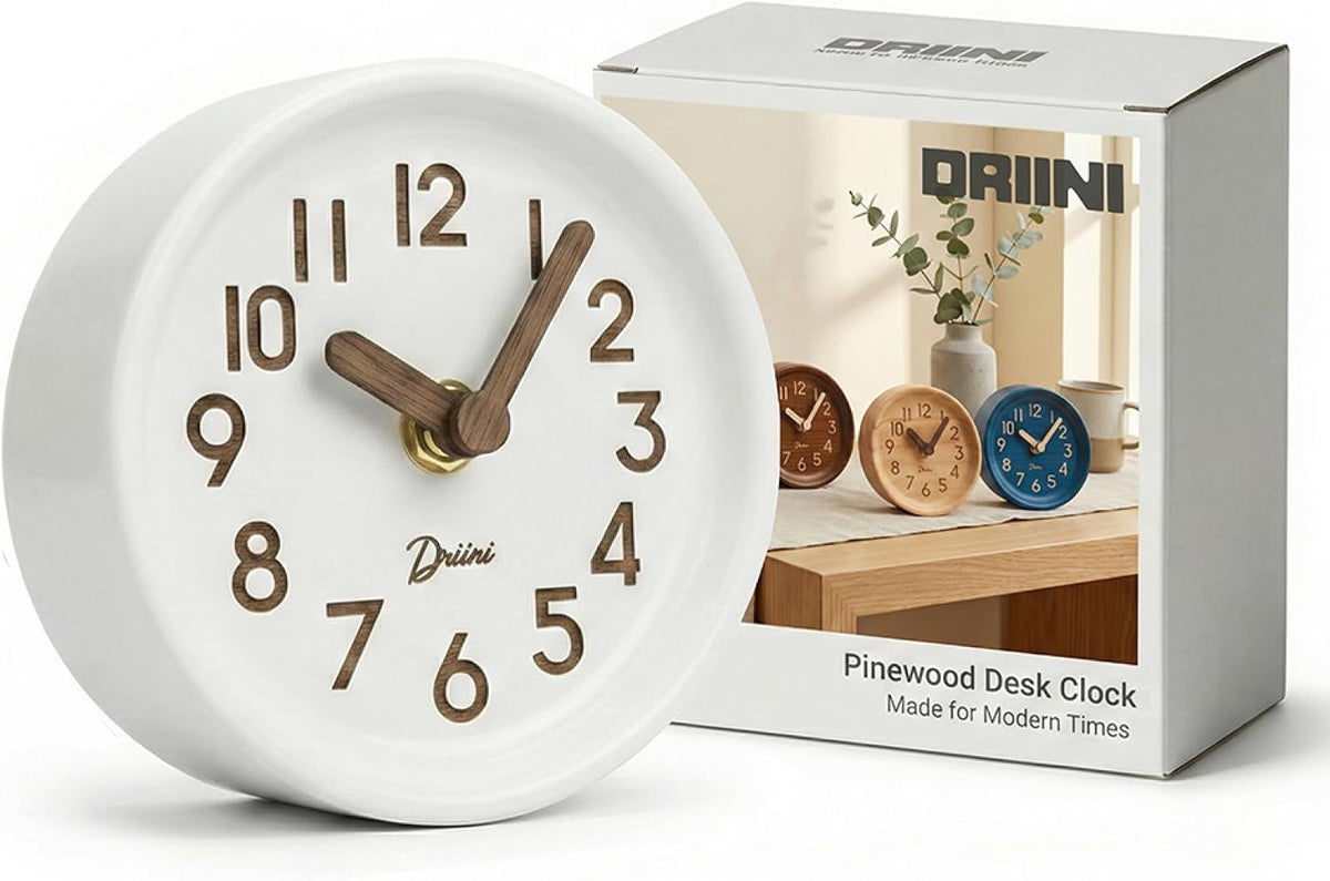 Small, Silent Wooden Analog Desk Clock for Shelf or Table, Dark