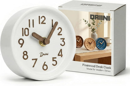 Small, Silent Wooden Analog Desk Clock for Shelf or Table, Dark