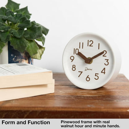 Small, Silent Wooden Analog Desk Clock for Shelf or Table, Dark