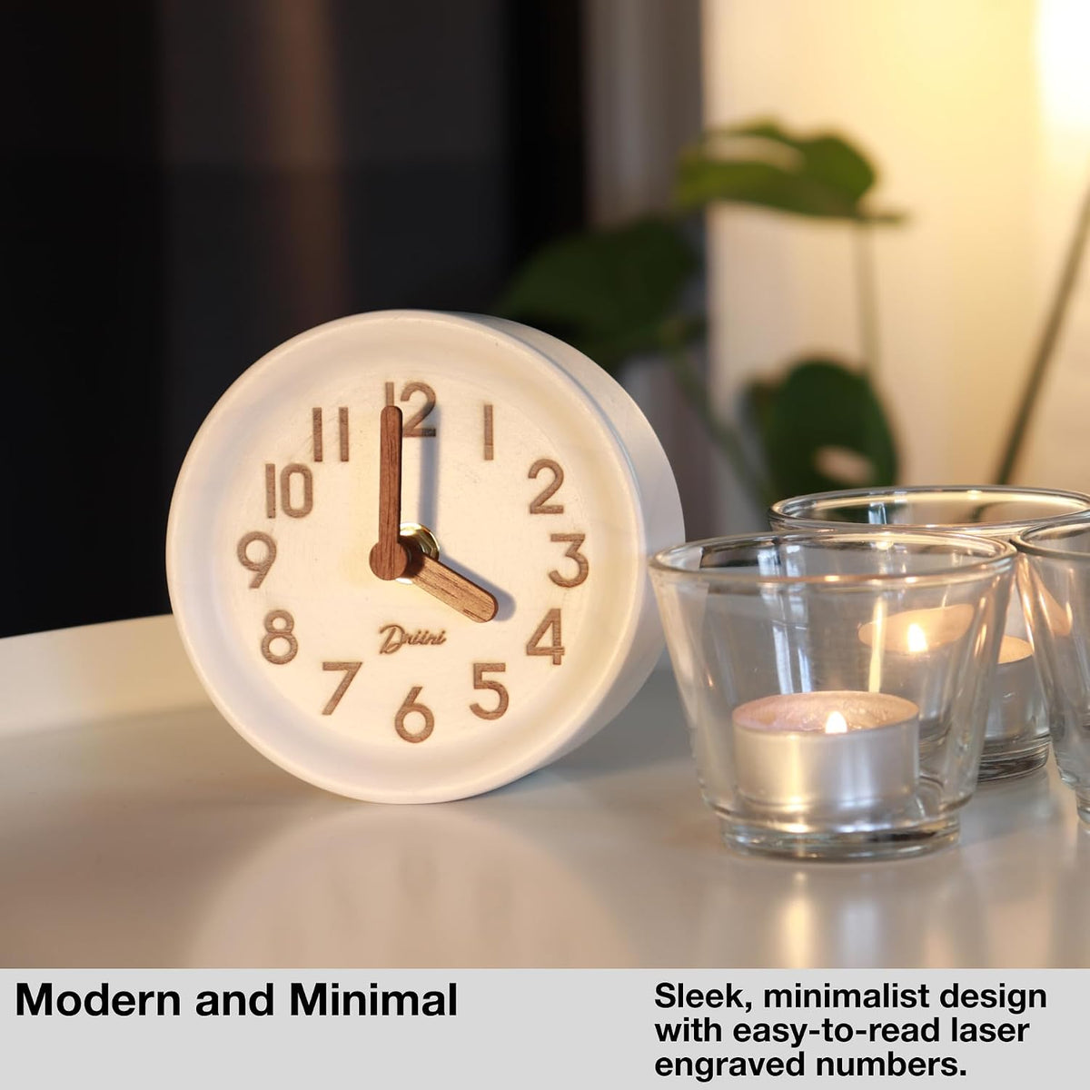 Small, Silent Wooden Analog Desk Clock for Shelf or Table, Dark
