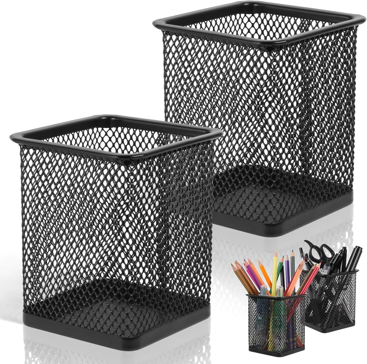 2 Pack Square Metal Pen Holder for Desk, 3.15 x 3.74 IN Pen Cups, Pencil Holder Workspace Organizers for School Office- Desk Accessories & Storage, Black
