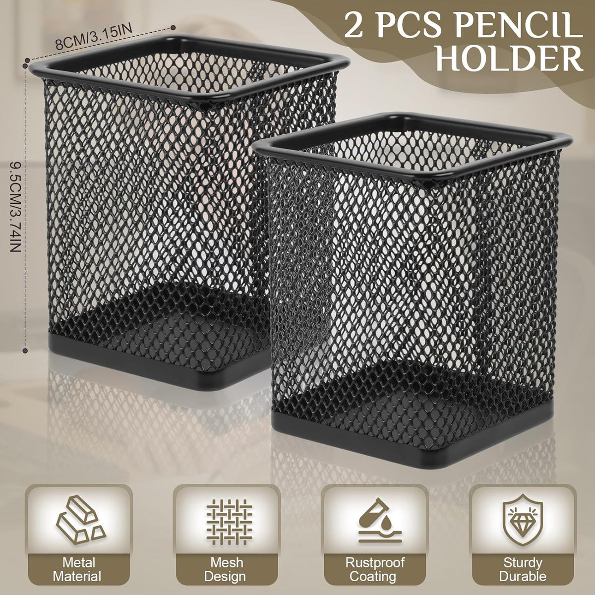 2 Pack Square Metal Pen Holder for Desk, 3.15 x 3.74 IN Pen Cups, Pencil Holder Workspace Organizers for School Office- Desk Accessories & Storage, Black