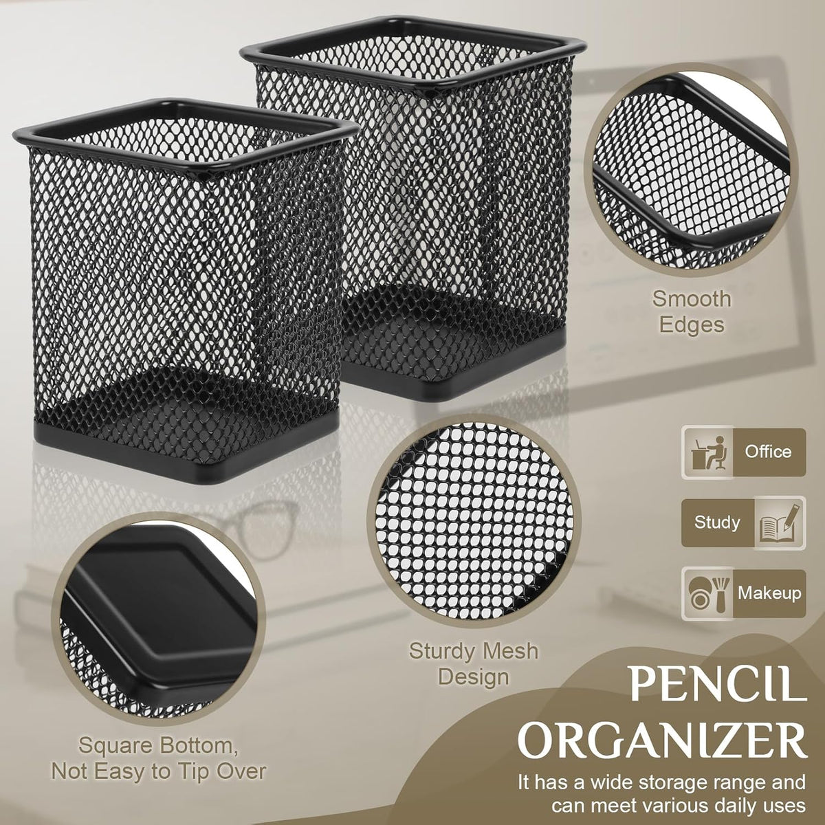2 Pack Square Metal Pen Holder for Desk, 3.15 x 3.74 IN Pen Cups, Pencil Holder Workspace Organizers for School Office- Desk Accessories & Storage, Black