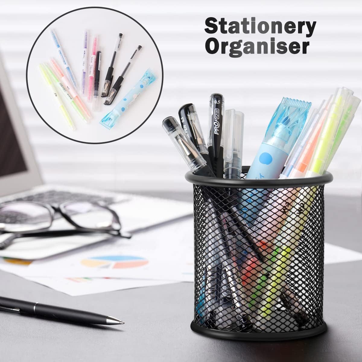 2 Pack Square Metal Pen Holder for Desk, 3.15 x 3.74 IN Pen Cups, Pencil Holder Workspace Organizers for School Office- Desk Accessories & Storage, Black