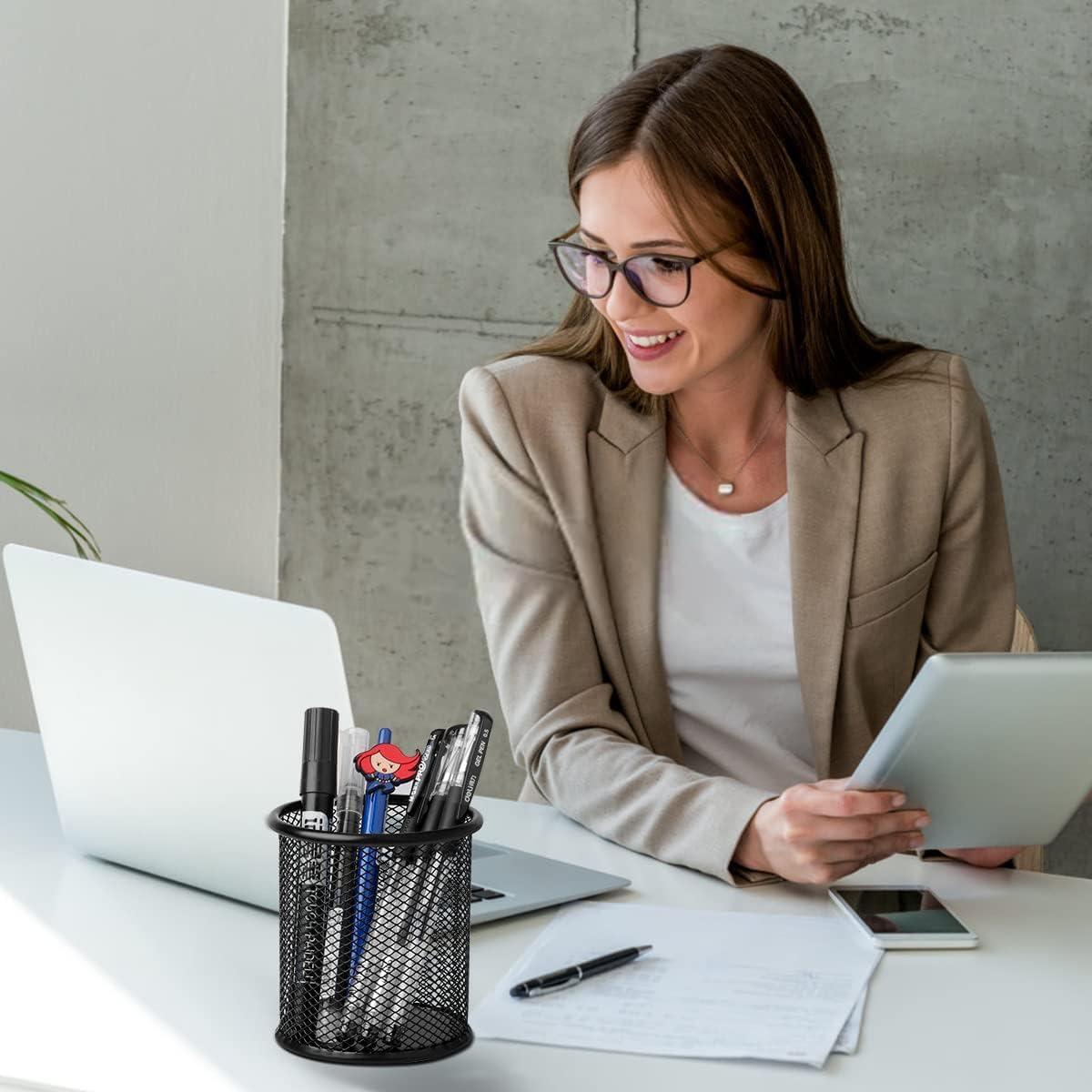 2 Pack Square Metal Pen Holder for Desk, 3.15 x 3.74 IN Pen Cups, Pencil Holder Workspace Organizers for School Office- Desk Accessories & Storage, Black