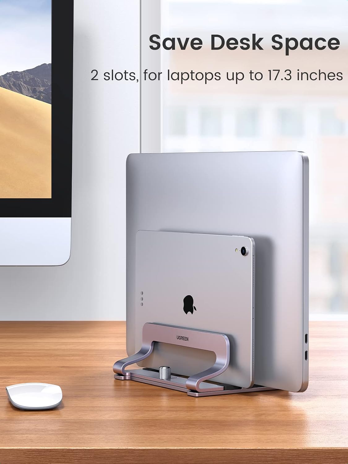 2-Slot Vertical Laptop Stand Holder Desk Compatible with MacBook Pro Air Laptop Stand Desktop Adjustable, Lenovo Ideapad, Surface Book, HP Notebook, Dell Chromebook Up to 17.3 Inch, Space Gray