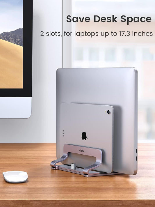 2-Slot Vertical Laptop Stand Holder Desk Compatible with MacBook Pro Air Laptop Stand Desktop Adjustable, Lenovo Ideapad, Surface Book, HP Notebook, Dell Chromebook Up to 17.3 Inch, Space Gray