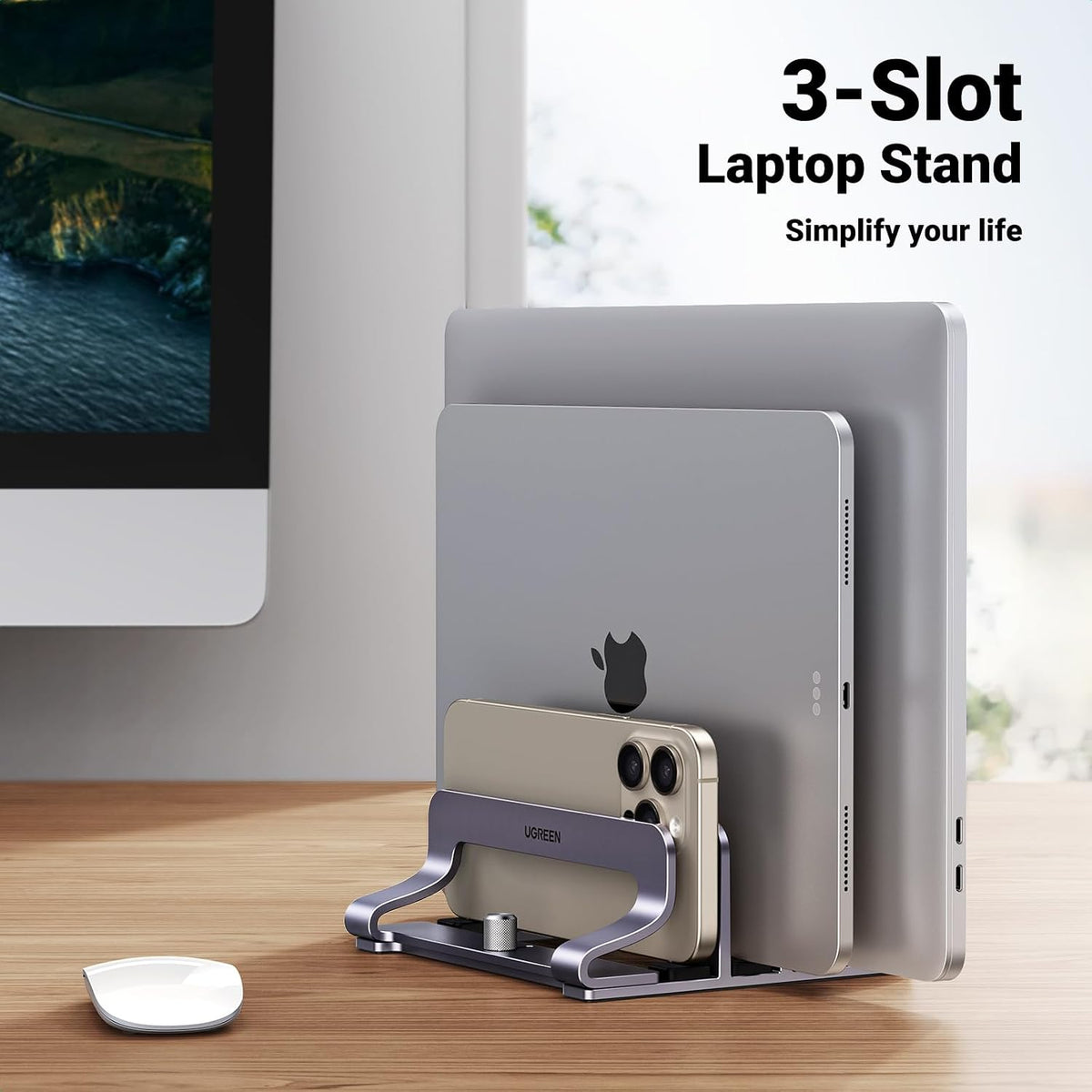 2-Slot Vertical Laptop Stand Holder Desk Compatible with MacBook Pro Air Laptop Stand Desktop Adjustable, Lenovo Ideapad, Surface Book, HP Notebook, Dell Chromebook Up to 17.3 Inch, Space Gray