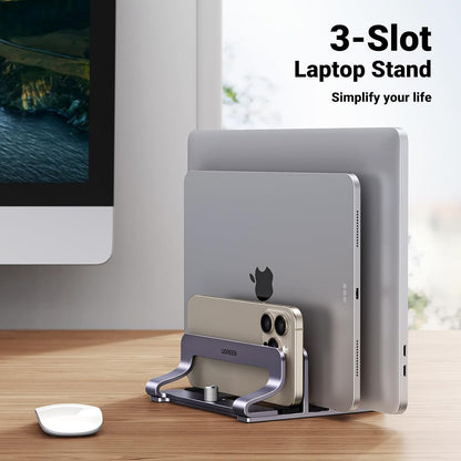 2-Slot Vertical Laptop Stand Holder Desk Compatible with MacBook Pro Air Laptop Stand Desktop Adjustable, Lenovo Ideapad, Surface Book, HP Notebook, Dell Chromebook Up to 17.3 Inch, Space Gray