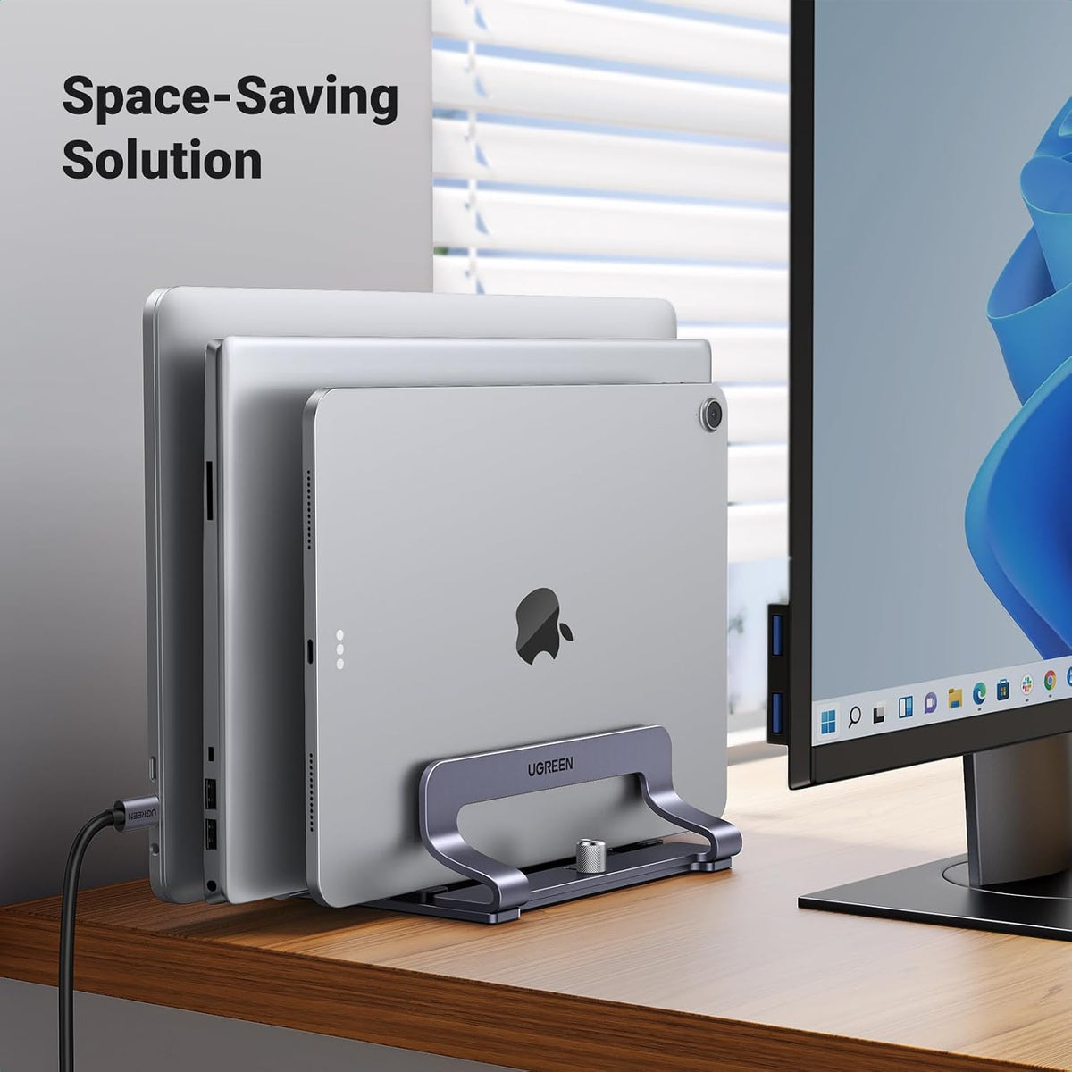 2-Slot Vertical Laptop Stand Holder Desk Compatible with MacBook Pro Air Laptop Stand Desktop Adjustable, Lenovo Ideapad, Surface Book, HP Notebook, Dell Chromebook Up to 17.3 Inch, Space Gray