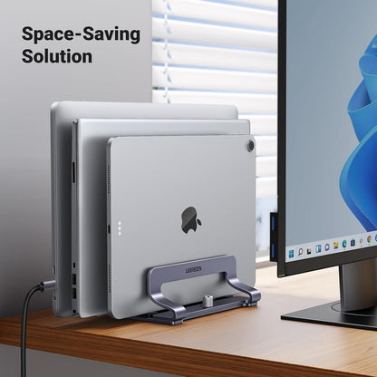 2-Slot Vertical Laptop Stand Holder Desk Compatible with MacBook Pro Air Laptop Stand Desktop Adjustable, Lenovo Ideapad, Surface Book, HP Notebook, Dell Chromebook Up to 17.3 Inch, Space Gray