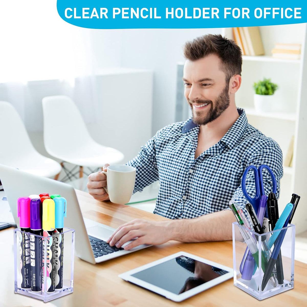 Clear Acrylic Pen Holder Makeup Brush Holder Desktop Pencil Organizer Acrylic Pencil Cup Stationery Organizer Accessory for School Makeup Desk Office Pen Organizer