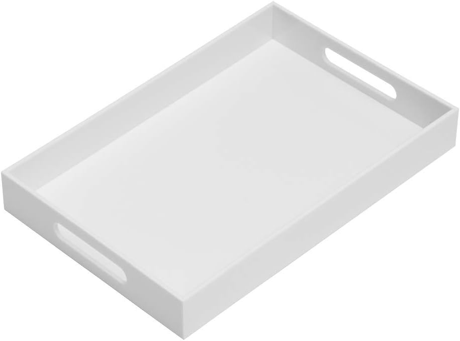 KEVLANG Glossy White Sturdy Acrylic Serving Tray with Handles-12x20 Inch-Serving Coffee Appetizer Breakfast-Kitchen Countertop Makeup Drawer Organizer-Vanity Table Ottoman Decorative Tray