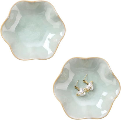 Ring Dish, Kiln Glaze Jewelry Trinket Tray, Gifts for Women I Lotus Leaf Necklace Earrings Holder on Nightstand Bathroom, Ceramic Cute Key Bowl, White. All Jewelries Are NOT Included.