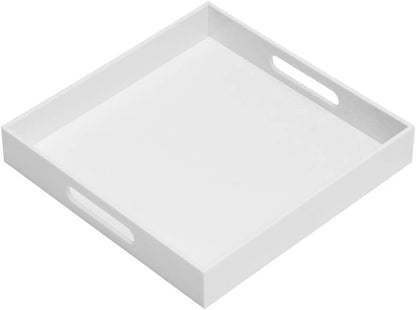 KEVLANG Glossy White Sturdy Acrylic Serving Tray with Handles-12x20 Inch-Serving Coffee Appetizer Breakfast-Kitchen Countertop Makeup Drawer Organizer-Vanity Table Ottoman Decorative Tray