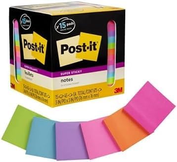 Post-it Super Sticky Notes, 15 Sticky Notes Pads, 3 x 3 in., School Supplies and Oﬃce Supplies, 2X the Sticking Power, Assorted Brights