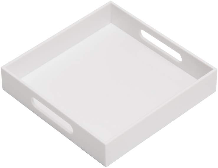 KEVLANG Glossy White Sturdy Acrylic Serving Tray with Handles-12x20 Inch-Serving Coffee Appetizer Breakfast-Kitchen Countertop Makeup Drawer Organizer-Vanity Table Ottoman Decorative Tray