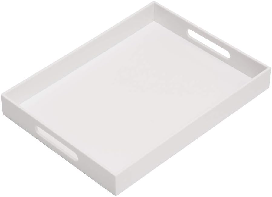 KEVLANG Glossy White Sturdy Acrylic Serving Tray with Handles-12x20 Inch-Serving Coffee Appetizer Breakfast-Kitchen Countertop Makeup Drawer Organizer-Vanity Table Ottoman Decorative Tray
