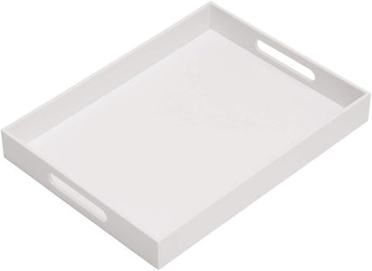 KEVLANG Glossy White Sturdy Acrylic Serving Tray with Handles-12x20 Inch-Serving Coffee Appetizer Breakfast-Kitchen Countertop Makeup Drawer Organizer-Vanity Table Ottoman Decorative Tray