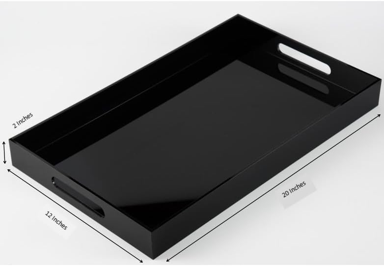 KEVLANG Glossy White Sturdy Acrylic Serving Tray with Handles-12x20 Inch-Serving Coffee Appetizer Breakfast-Kitchen Countertop Makeup Drawer Organizer-Vanity Table Ottoman Decorative Tray