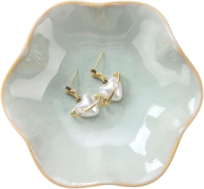 Ring Dish, Kiln Glaze Jewelry Trinket Tray, Gifts for Women I Lotus Leaf Necklace Earrings Holder on Nightstand Bathroom, Ceramic Cute Key Bowl, White. All Jewelries Are NOT Included.
