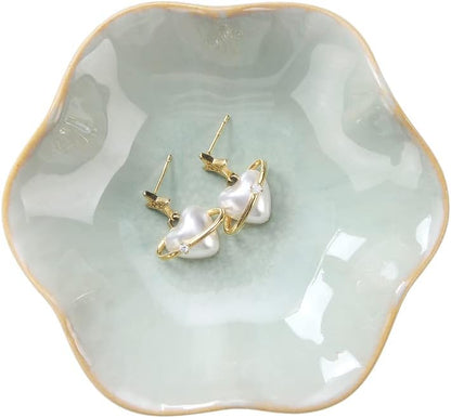 Ring Dish, Kiln Glaze Jewelry Trinket Tray, Gifts for Women I Lotus Leaf Necklace Earrings Holder on Nightstand Bathroom, Ceramic Cute Key Bowl, White. All Jewelries Are NOT Included.