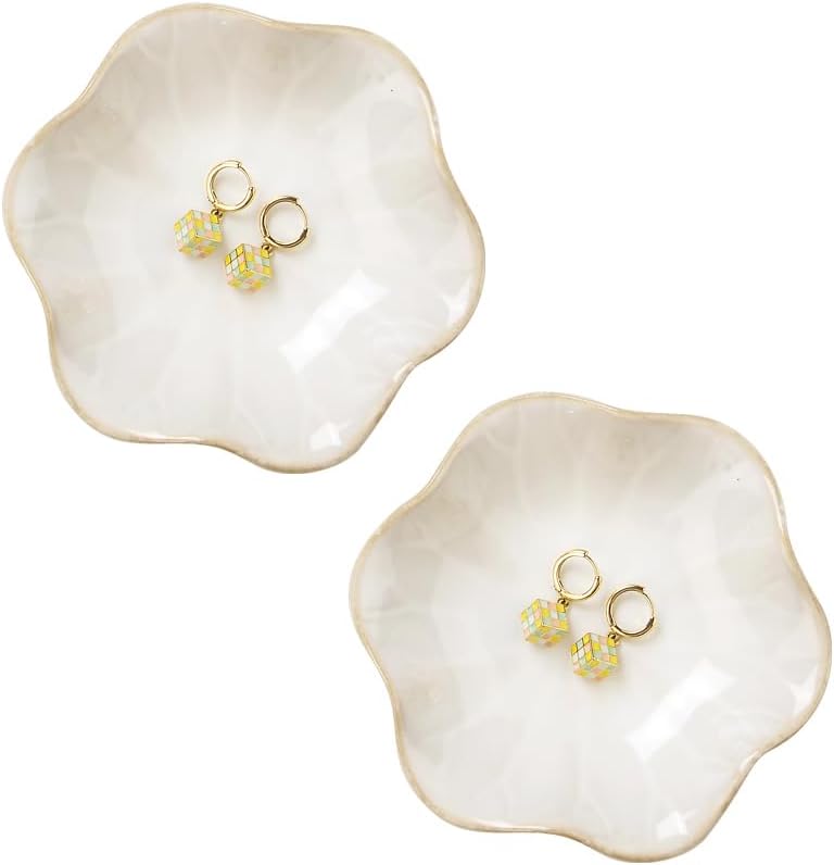 Ring Dish, Kiln Glaze Jewelry Trinket Tray, Gifts for Women I Lotus Leaf Necklace Earrings Holder on Nightstand Bathroom, Ceramic Cute Key Bowl, White. All Jewelries Are NOT Included.