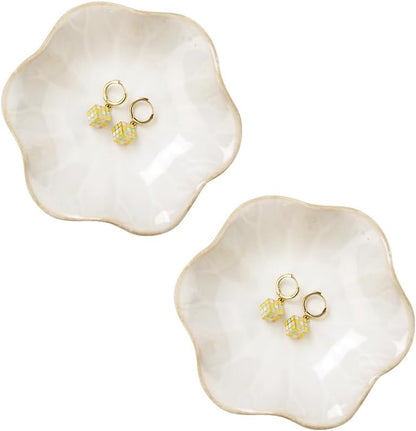 Ring Dish, Kiln Glaze Jewelry Trinket Tray, Gifts for Women I Lotus Leaf Necklace Earrings Holder on Nightstand Bathroom, Ceramic Cute Key Bowl, White. All Jewelries Are NOT Included.