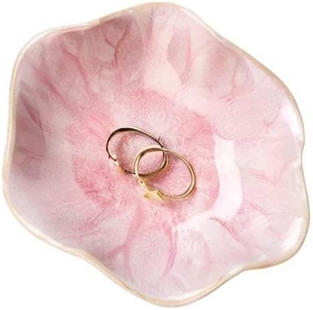 Ring Dish, Kiln Glaze Jewelry Trinket Tray, Gifts for Women I Lotus Leaf Necklace Earrings Holder on Nightstand Bathroom, Ceramic Cute Key Bowl, White. All Jewelries Are NOT Included.